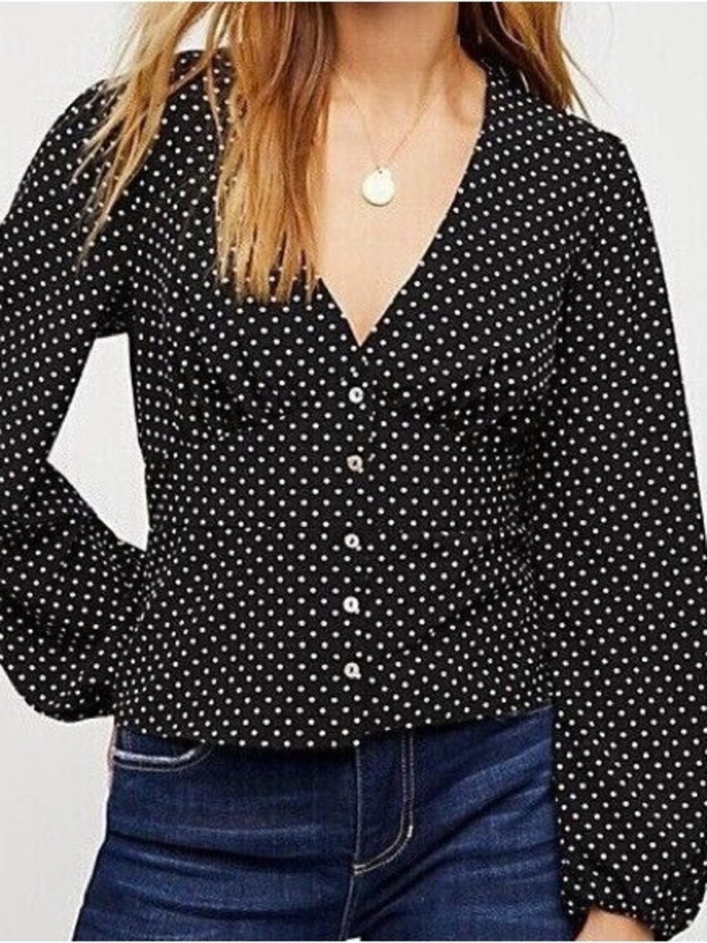 Free People Black Polka‎ Dot Button-Front V-Neck Blouse